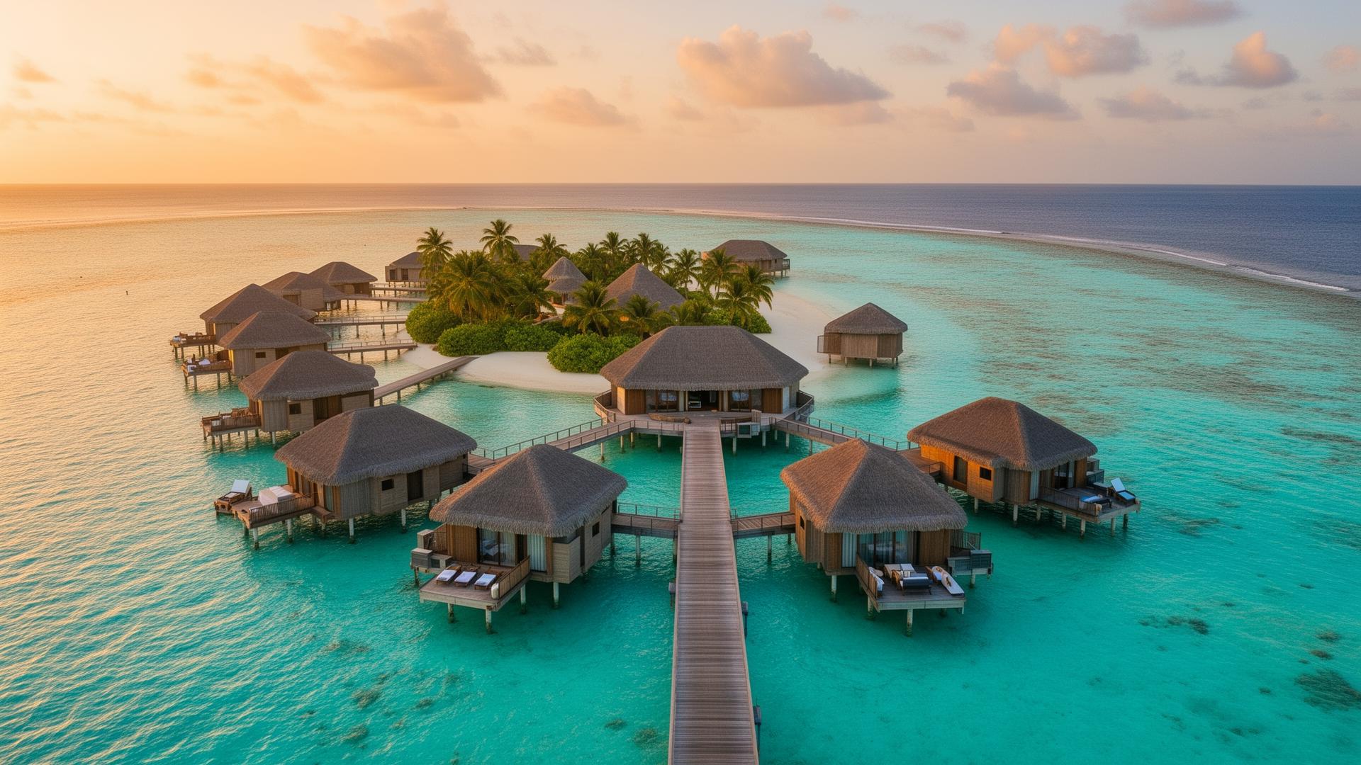 Maldives luxury overwater villas at sunset